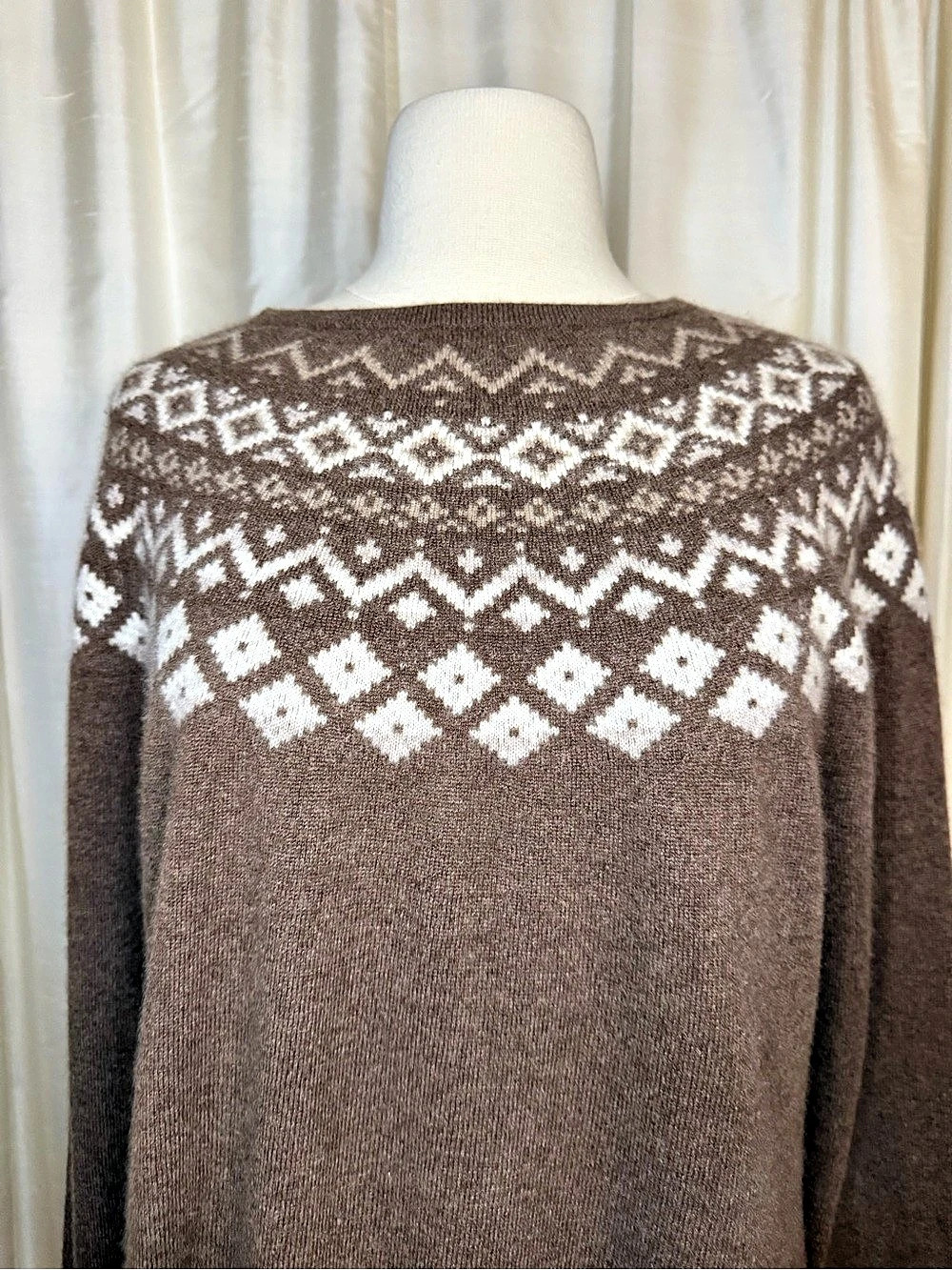 L.L.Bean 100% Cashmere Fair Isle Sweater Women’s XL Brown Ivory Nordic Après Ski - Picture 3 of 9